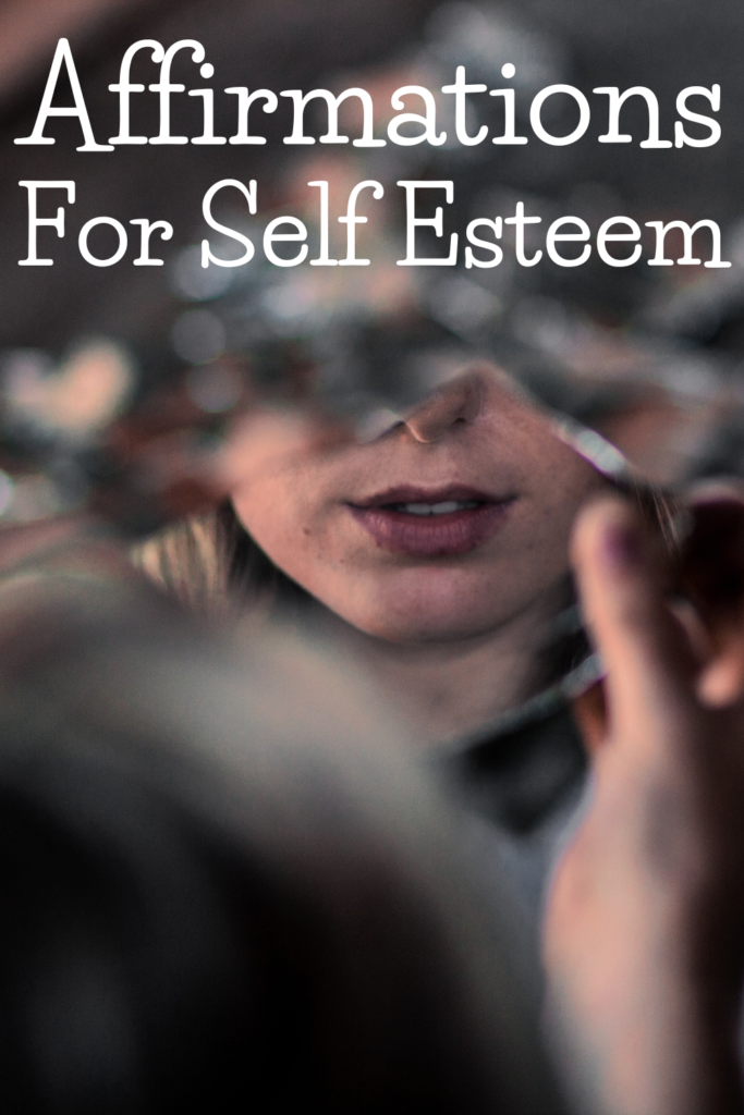 text reads "affirmations for self esteem" with a broken mirror and half a face.