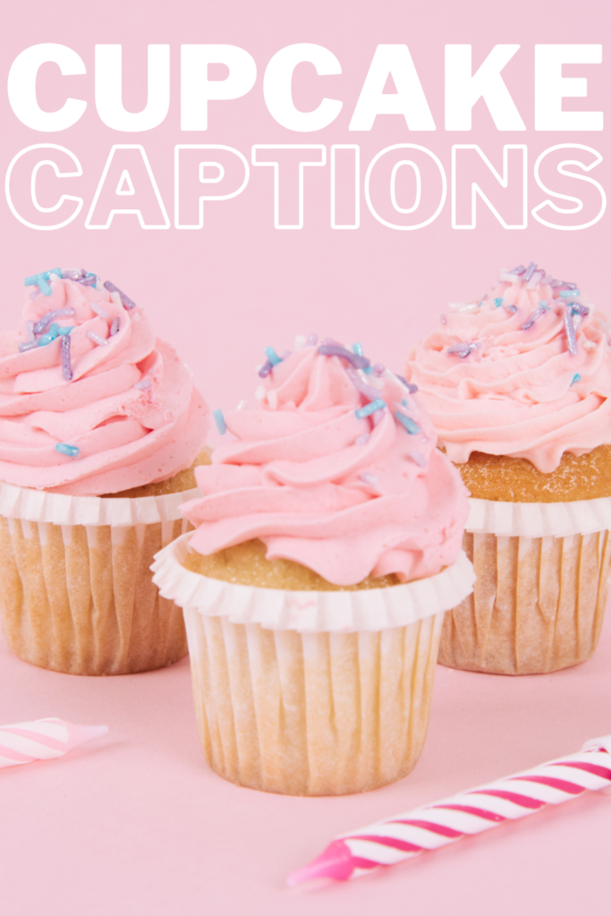 text reads "cupcake captions" with 3 pink cupcakes.
