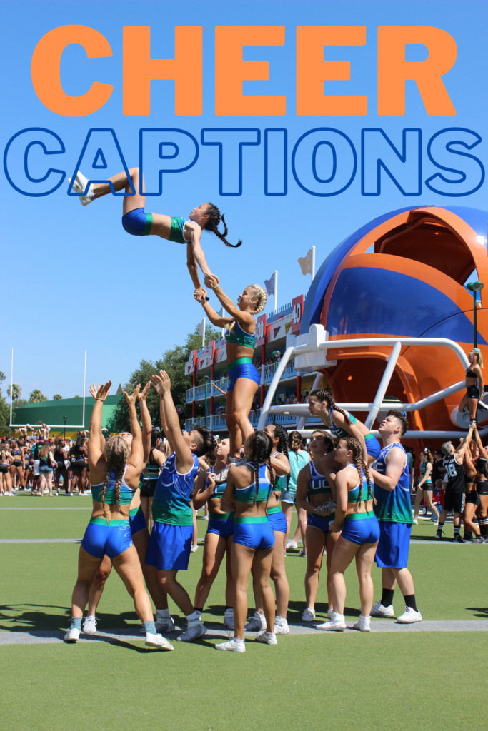 text reads "cheer captions" with cheerleading team doing a stunt.
